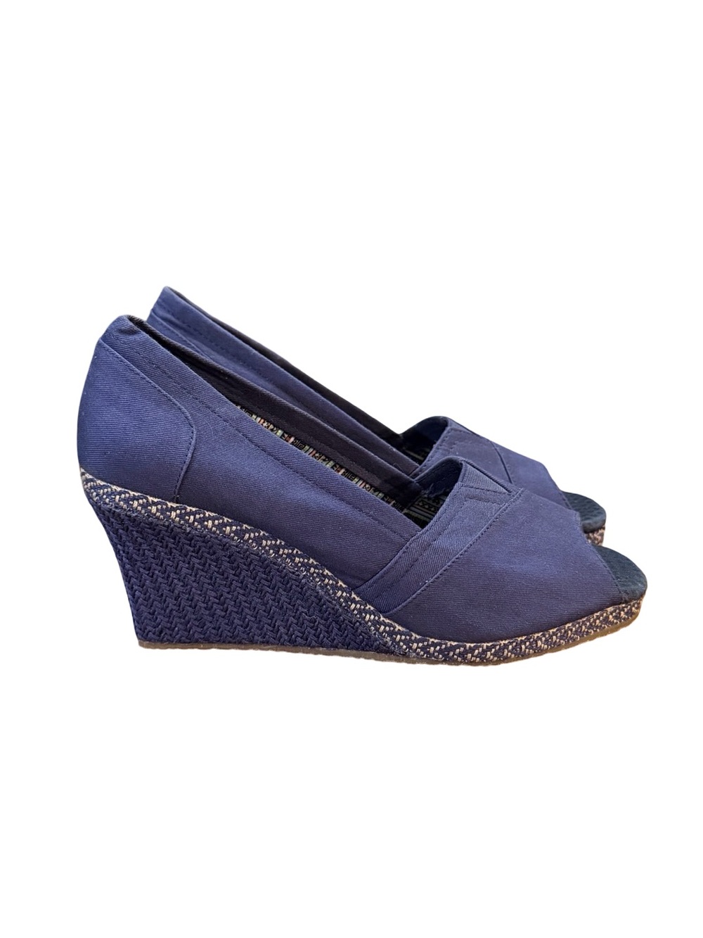 Skechers Navy Blue Canvas Peep-Toe Espadrille Wedge Shoes Women's Size 9